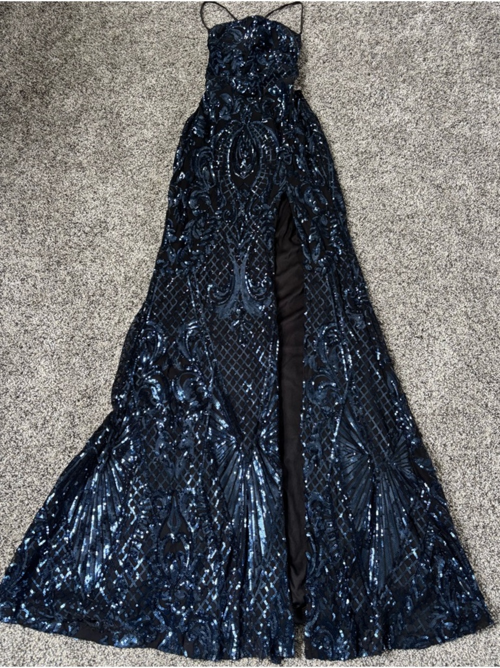 Navy Sequin Spaghetti-Strap Evening Gown - Picture 6 of 11